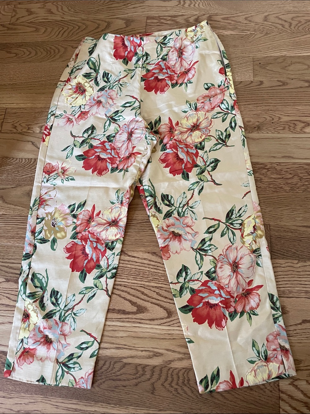 Requirements Floral Cropped Pants in Cream with Red and Yellow Blooms